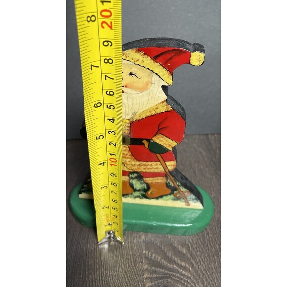 VTG Hand Made Folk Art Textured Santa Claus Skiing Christmas Dummy Board Set/2 - Picture 6 of 7